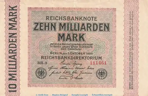 Reichsbanknote , 10 Milliarden Mark Schein in gbr. DEU-136.a, Ros.114, P.117 , vom 01.10.1923 , Weimarer Republik - Inflation