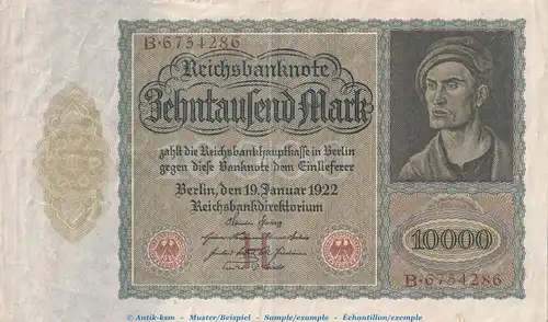 Reichsbanknote , 10.000 Mark Schein in gbr. DEU-76, Ros.68.a, P.70 , vom 19.01.1922 , Wemarer Republik - Inflation