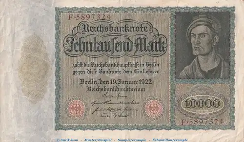 Reichsbanknote , 10.000 Mark Schein in gbr. DEU-77, Ros.68.b, P.71 , vom 19.01.1922 , Wemarer Republik - Inflation