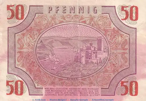 Banknote , 50 Pfennig Schein in gbr. FBZ-6, Ros.213, S.1006 , Rheinland Pfalz , Französische Besatzungszone 1947