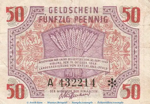 Banknote , 50 Pfennig Schein in gbr. FBZ-6, Ros.213, S.1006 , Rheinland Pfalz , Französische Besatzungszone 1947