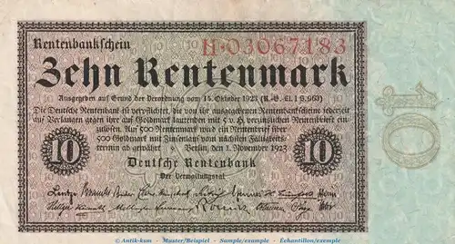 Reichsbanknote , 10 Renten Mark in f-kfr. DEU-202, Ros.157, P.164 , vom 01.11.1923 , Weimarer Republik - Rentenbank