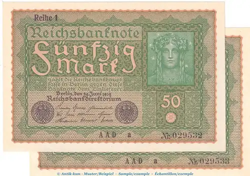 Reichsbanknote , 50 Mark -2 x fortlaufende Kn- in kfr. DEU-71.a, Ros.62, P.66 , vom 24.06.1919 , Wemarer Republik - Inflation
