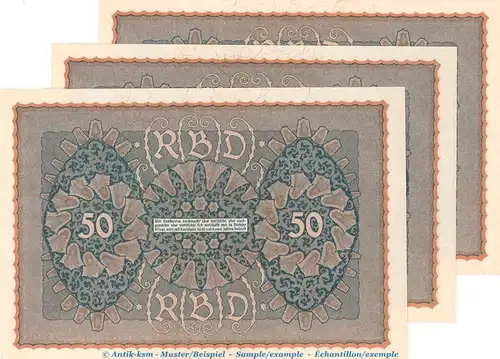 Reichsbanknote , 50 Mark -3 x fortlaufende Kn- in kfr. DEU-71.a, Ros.62, P.66 , vom 24.06.1919 , Wemarer Republik - Inflation
