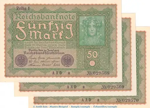 Reichsbanknote , 50 Mark -3 x fortlaufende Kn- in kfr. DEU-71.a, Ros.62, P.66 , vom 24.06.1919 , Wemarer Republik - Inflation