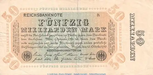 Reichsbanknote , 50 Milliarden Mark Schein in gbr. DEU-140.c, Ros.116, P.119 , vom 10.10.1923 , Wemarer Republik - Inflation