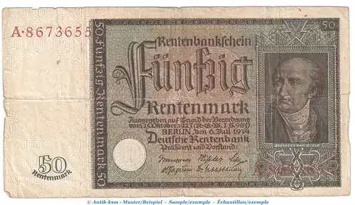 Rentenbanknote , 50 Mark Schein in gbr.4 DEU-221, Ros.165, P.172 , vom 06.07.1934 , drittes Reich - Rentenbank