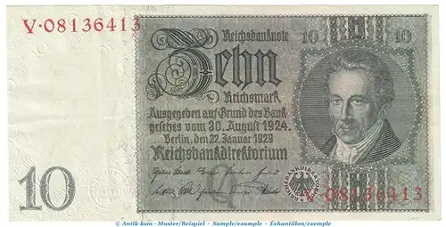 Reichsbanknote , 10 Mark Schein -Q- in gbr. DEU-183.a, Ros.173, P.180 , vom 22.01.1929 , Weimarer Republik - Reichsbank