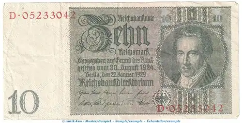 Reichsbanknote , 10 Mark Schein -Kriegsdruck- in gbr. DEU-183.c, Ros.173, P.180 , vom 22.01.1929 , Weimarer Republik - Reichsbank