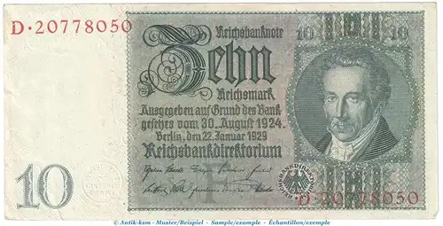Reichsbanknote , 10 Mark Schein -F 1- in f-kfr. DEU-183.a, Ros.173, P.180 , vom 22.01.1929 , Weimarer Republik - Reichsbank