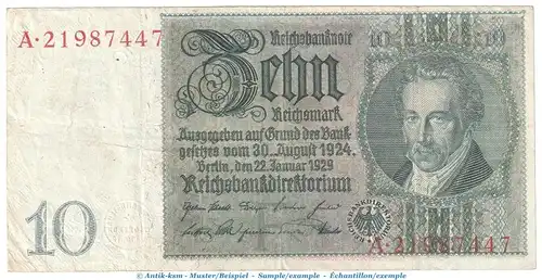 Reichsbanknote , 10 Mark Schein -F 1- in gbr. DEU-183.a, Ros.173, P.180 , vom 22.01.1929 , Weimarer Republik - Reichsbank