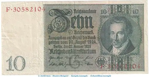 Reichsbanknote , 10 Mark Schein - G - in gbr. DEU-183.a, Ros.173, P.180 , vom 22.01.1929 , Weimarer Republik - Reichsbank