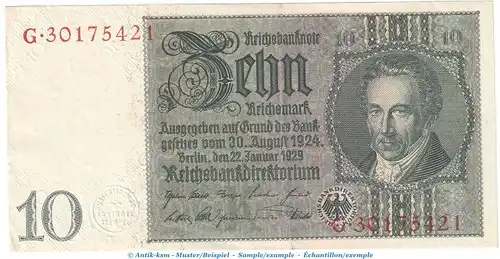 Reichsbanknote , 10 Mark Schein - K - in f-kfr. DEU-183.b, Ros.173, P.180 , vom 22.01.1929 , Weimarer Republik - Reichsbank