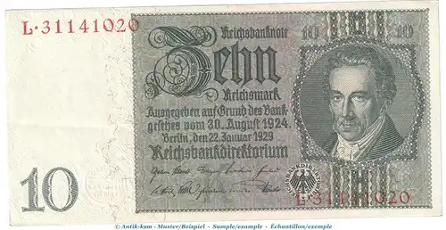 Reichsbanknote , 10 Mark Schein - K - in gbr. DEU-183.b, Ros.173, P.180 , vom 22.01.1929 , Weimarer Republik - Reichsbank