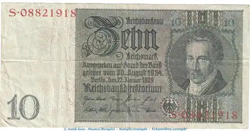 Reichsbanknote , 10 Mark Schein -R 2- in gbr. DEU-183.a, Ros.173, P.180 , vom 22.01.1929 , Weimarer Republik - Reichsbank