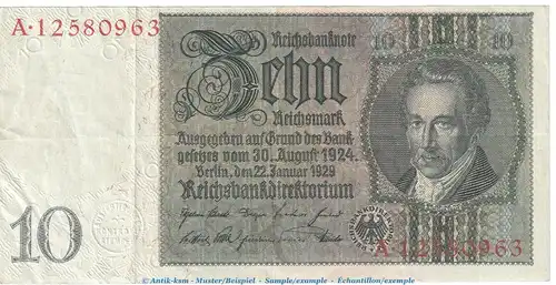 Reichsbanknote , 10 Mark Schein -R 1- in gbr. DEU-183.a, Ros.173, P.180 , vom 22.01.1929 , Weimarer Republik - Reichsbank