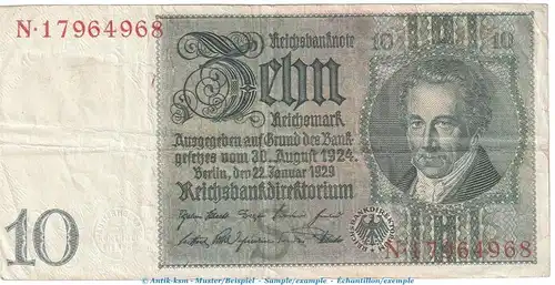 Reichsbanknote , 10 Mark Schein -S 1- in gbr. DEU-183.a, Ros.173, P.180 , vom 22.01.1929 , Weimarer Republik - Reichsbank