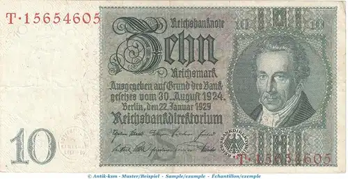 Reichsbanknote , 10 Mark Schein -S 2- in gbr. DEU-183.a, Ros.173, P.180 , vom 22.01.1929 , Weimarer Republik - Reichsbank