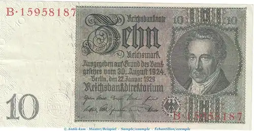 Reichsbanknote , 10 Mark Schein -R 1- in L-gbr. DEU-183.a, Ros.173, P.180 , vom 22.01.1929 , Weimarer Republik - Reichsbank
