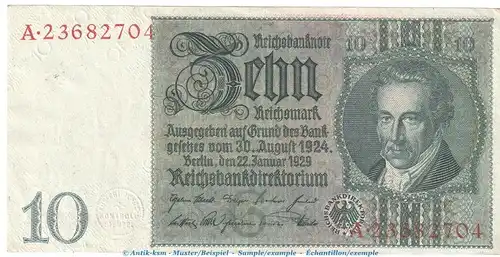 Reichsbanknote , 10 Mark Schein - G - in f-kfr. DEU-183.a, Ros.173, P.180 , vom 22.01.1929 , Weimarer Republik - Reichsbank