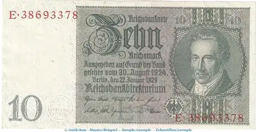 Reichsbanknote , 10 Mark Schein -E 2- in f-kfr. DEU-183.b, Ros.173, P.180 , vom 22.01.1929 , Weimarer Republik - Reichsbank