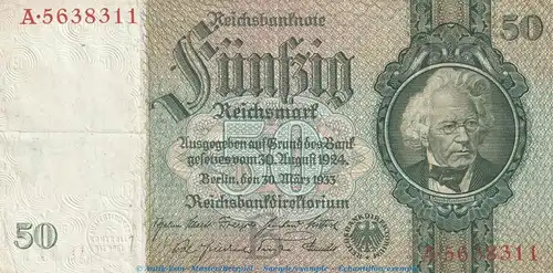 Reichsbanknote , 50 Mark Schein -B- in gbr. DEU-210.a, Ros.175, P.182 , vom 30.03.1933 , deutsches Reich - Reichsbank
