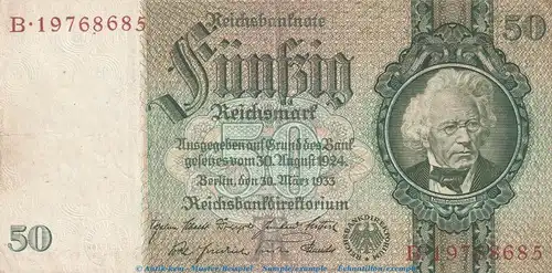 Reichsbanknote , 50 Mark Schein -A1- in gbr. DEU-210.b, Ros.175, P.182 , vom 30.03.1933 , deutsches Reich - Reichsbank