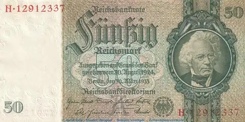 Reichsbanknote , 50 Mark Schein -A2- in gbr. DEU-210.b, Ros.175, P.182 , vom 30.03.1933 , deutsches Reich - Reichsbank