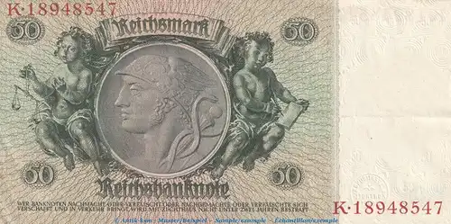 Reichsbanknote , 50 Mark Schein -C1- in gbr. DEU-210.b, Ros.175, P.182 , vom 30.03.1933 , deutsches Reich - Reichsbank
