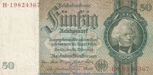 Reichsbanknote , 50 Mark Schein -C1- in gbr. DEU-210.b, Ros.175, P.182 , vom 30.03.1933 , deutsches Reich - Reichsbank