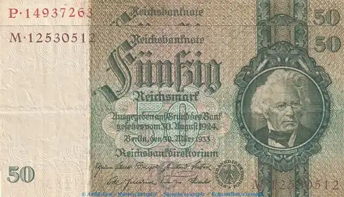 Reichsbanknote , 50 Mark -C2- KN braun in gbr. DEU-210.b, Ros.175, P.182 , vom 30.03.1933 , deutsches Reich - Reichsbank