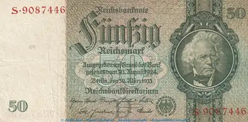 Reichsbanknote , 50 Mark Schein -D1- in gbr. DEU-210.a, Ros.175, P.182 , vom 30.03.1933 , deutsches Reich - Reichsbank