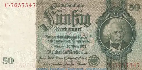 Reichsbanknote , 50 Mark Schein -D1- in kfr. DEU-210.a, Ros.175, P.182 , vom 30.03.1933 , deutsches Reich - Reichsbank