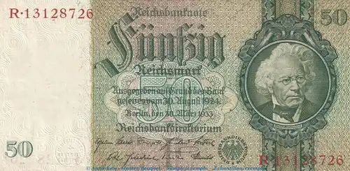 Reichsbanknote , 50 Mark Schein -F2- in gbr. DEU-210.b, Ros.175, P.182 , vom 30.03.1933 , deutsches Reich - Reichsbank