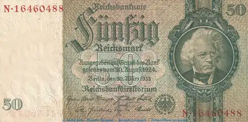 Reichsbanknote , 50 Mark Schein -F1- in gbr. DEU-210.b, Ros.175, P.182 , vom 30.03.1933 , deutsches Reich - Reichsbank