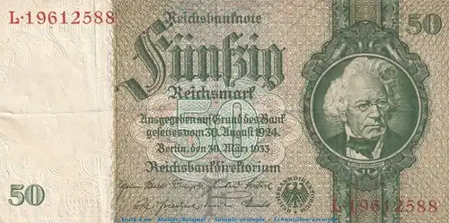 Reichsbanknote , 50 Mark Schein -F3- in gbr. DEU-210.c, Ros.175, P.182 , vom 30.03.1933 , deutsches Reich - Reichsbank