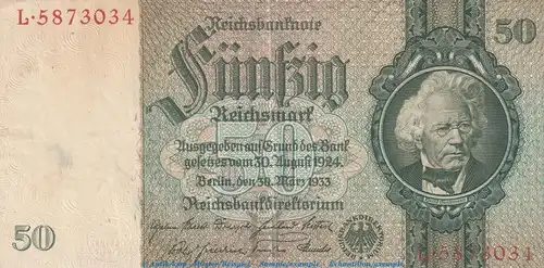 Reichsbanknote , 50 Mark Schein -H- in gbr. DEU-210.a, Ros.175, P.182 , vom 30.03.1933 , deutsches Reich - Reichsbank