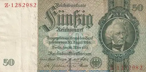 Reichsbanknote , 50 Mark Schein -i- in gbr. DEU-210.a, Ros.175, P.182 , vom 30.03.1933 , deutsches Reich - Reichsbank