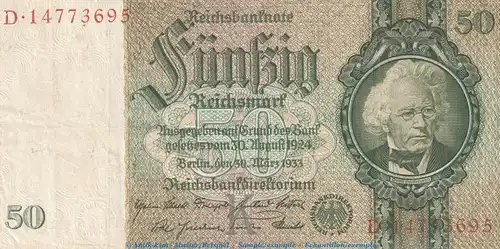Reichsbanknote , 50 Mark Schein -K- in gbr. DEU-210.b, Ros.175, P.182 , vom 30.03.1933 , deutsches Reich - Reichsbank