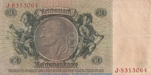Reichsbanknote , 50 Mark Schein -O- in gbr. DEU-210.a, Ros.175, P.182 , vom 30.03.1933 , deutsches Reich - Reichsbank