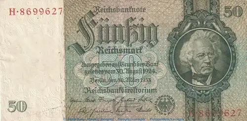 Reichsbanknote , 50 Mark Schein -O- in gbr. DEU-210.a, Ros.175, P.182 , vom 30.03.1933 , deutsches Reich - Reichsbank