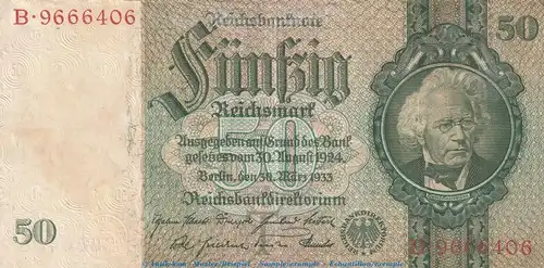 Reichsbanknote , 50 Mark Schein -T- in gbr. DEU-210.a, Ros.175, P.182 , vom 30.03.1933 , deutsches Reich - Reichsbank