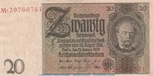 Reichsbanknote , 20 Mark Schein -D1- in kfr. DEU-184.a, Ros.174, P.181 , vom 22.01.1929 , Weimarer Republik - Reichsbank