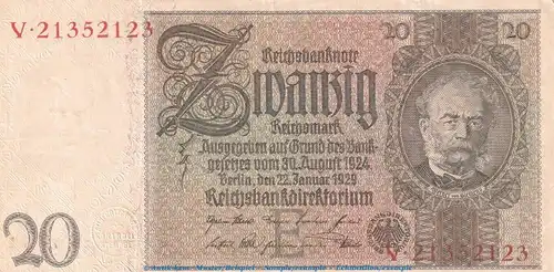 Reichsbanknote , 20 Mark Schein -E 2- in f-kfr. DEU-184.a, Ros.174, P.81 , vom 22.01.1929 , Weimarer Republik - Reichsbank