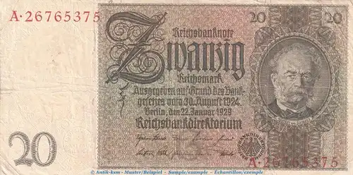Reichsbanknote , 20 Mark Schein -G 1- in gbr. DEU-184.a, Ros.174, P.81 , vom 22.01.1929 , Weimarer Republik - Reichsbank