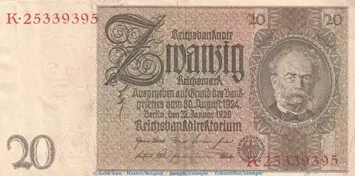 Reichsbanknote , 20 Mark Schein -H- in gbr. DEU-184.a, Ros.174, P.81 , vom 22.01.1929 , Weimarer Republik - Reichsbank