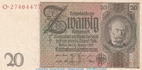 Reichsbanknote , 20 Mark Schein -D 1- in gbr. DEU-184.a, Ros.174, P.81 , vom 22.01.1929 , Weimarer Republik - Reichsbank
