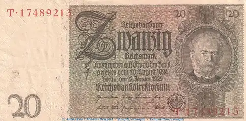 Reichsbanknote , 20 Mark Schein -X 1- in gbr. DEU-184.a, Ros.174, P.81 , vom 22.01.1929 , Weimarer Republik - Reichsbank