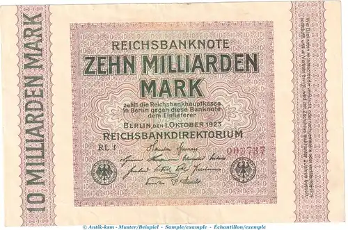 Reichsbanknote , 10 Milliarden Mark Schein in L-gbr. DEU-136.c, Ros.114, P117 , 01.10.1923 , Nachkriegszeit und Inflation