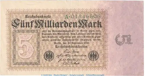 Reichsbanknote , 5 Milliarden Mark in L-gbr. DEU-132.a, Ros.112, P.115 vom 10.09.1923 , Weimarer Republik - Inflation